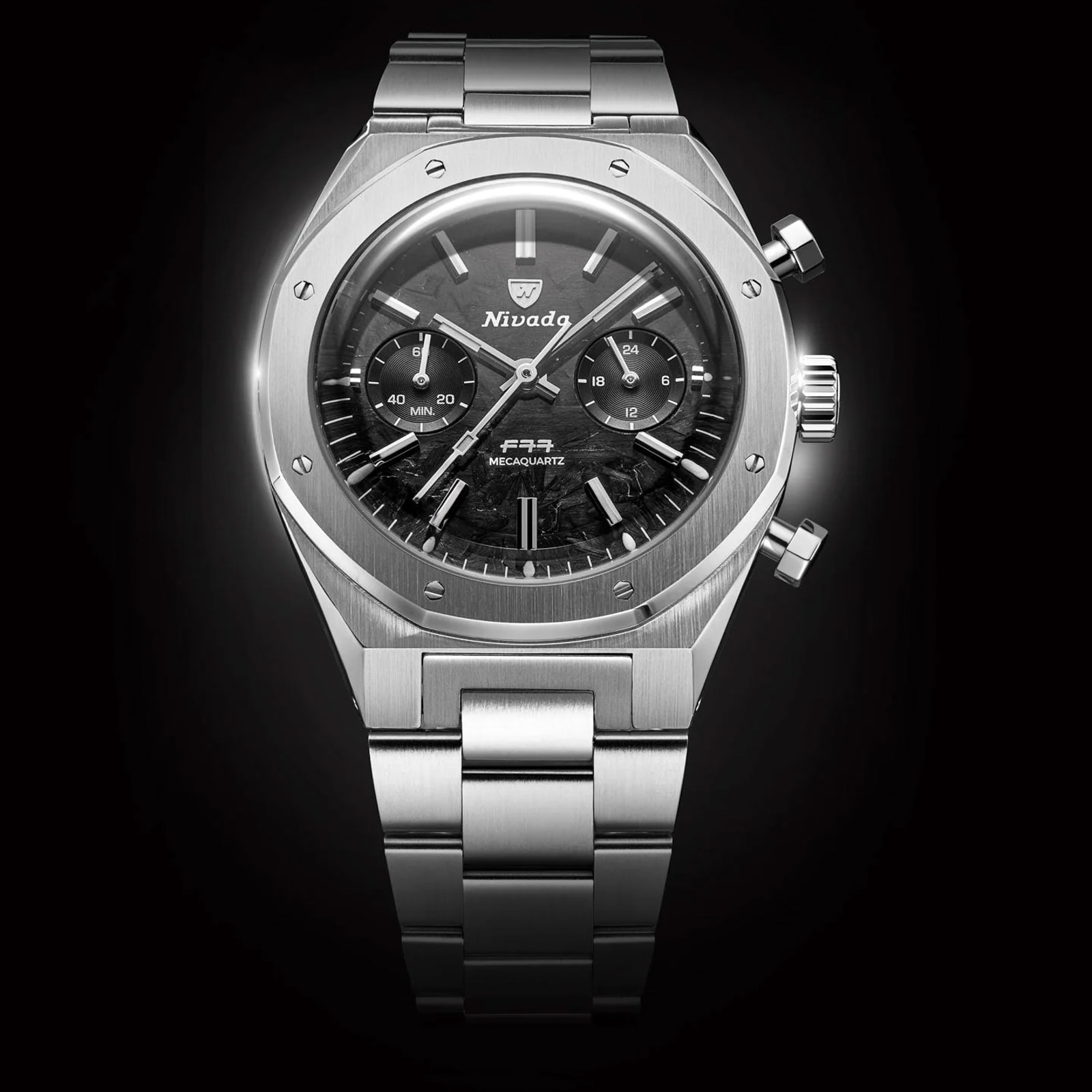 Nivada Grenchen F77 Chrono Mecaquartz MK 38mm Mens Watch Black Nivada Grenchen F77 Chrono Mecaquartz MK 38mm Mens Watch Black