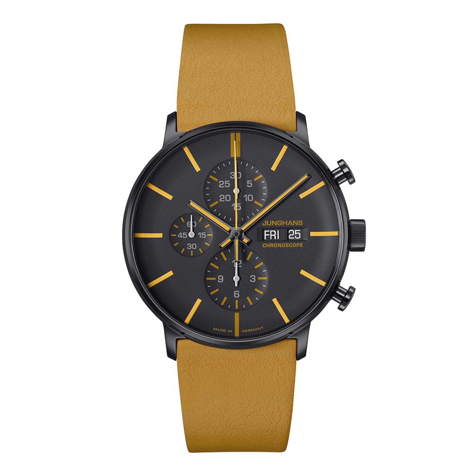 Junghans FORM A Chronoscope, English Date 42mm Mens Watch Black Yellow Junghans FORM A Chronoscope, English Date 42mm Mens Watch Black Yellow