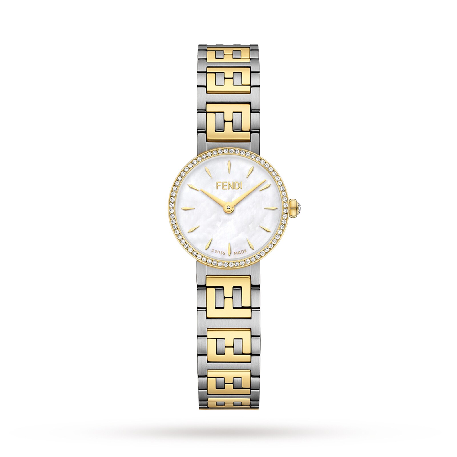 Forever Fendi 19mm White Mother of Pearl Dial Diamond Bezel and Crown Stainless Steel and Gold Plated
