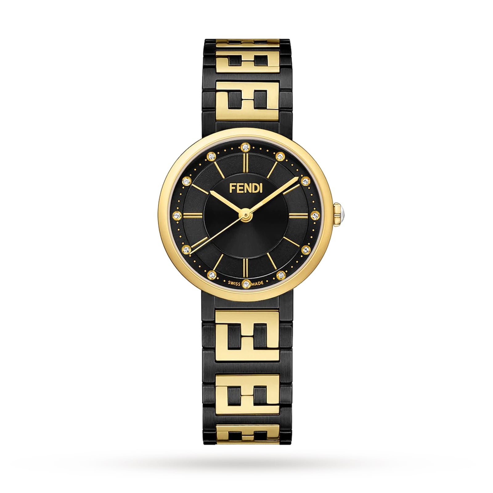 Forever Fendi 29mm Black Dial Diamond Hour Markers Stainless Steel Gold Plated
