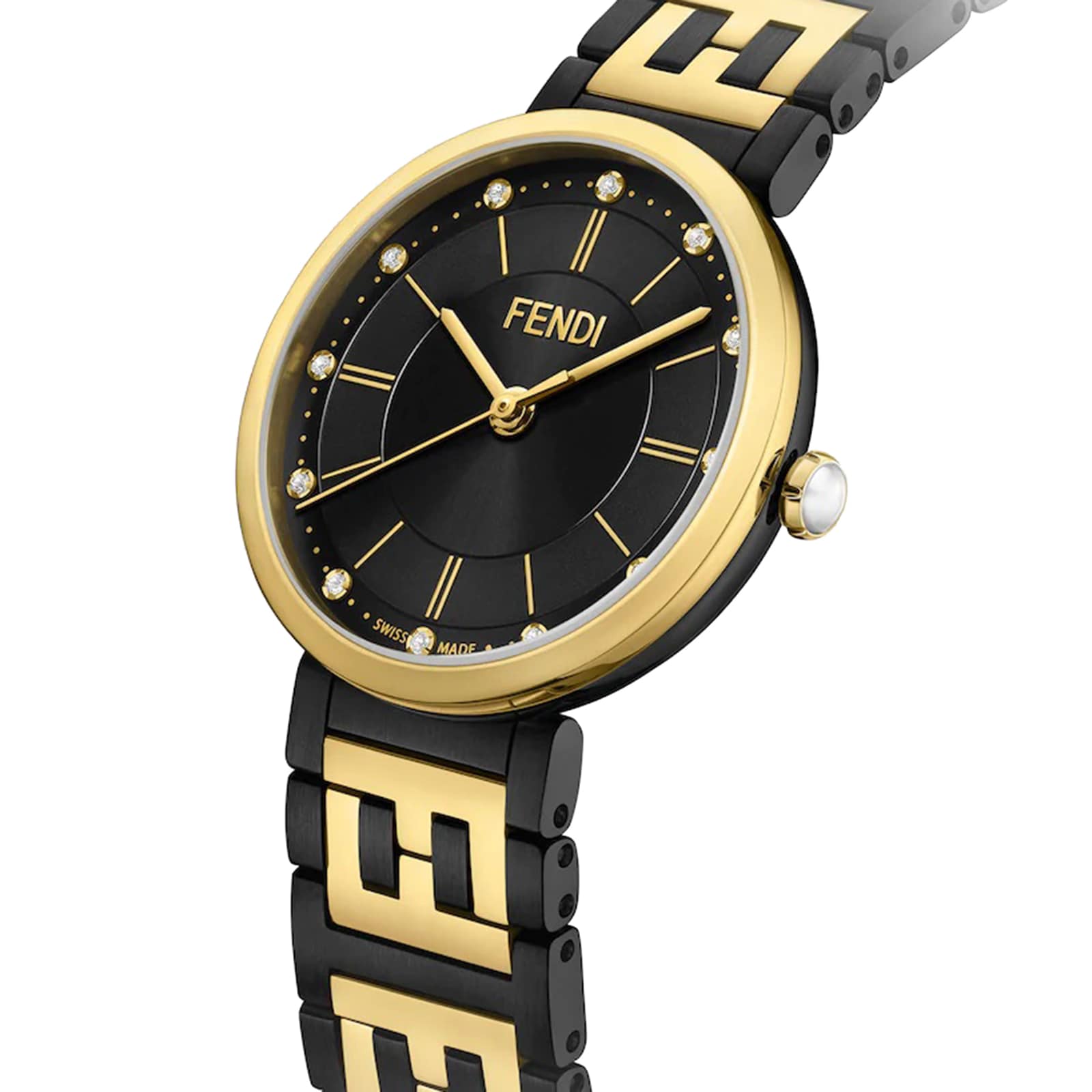 Forever Fendi 29mm Black Dial Diamond Hour Markers Stainless Steel Gold  Plated