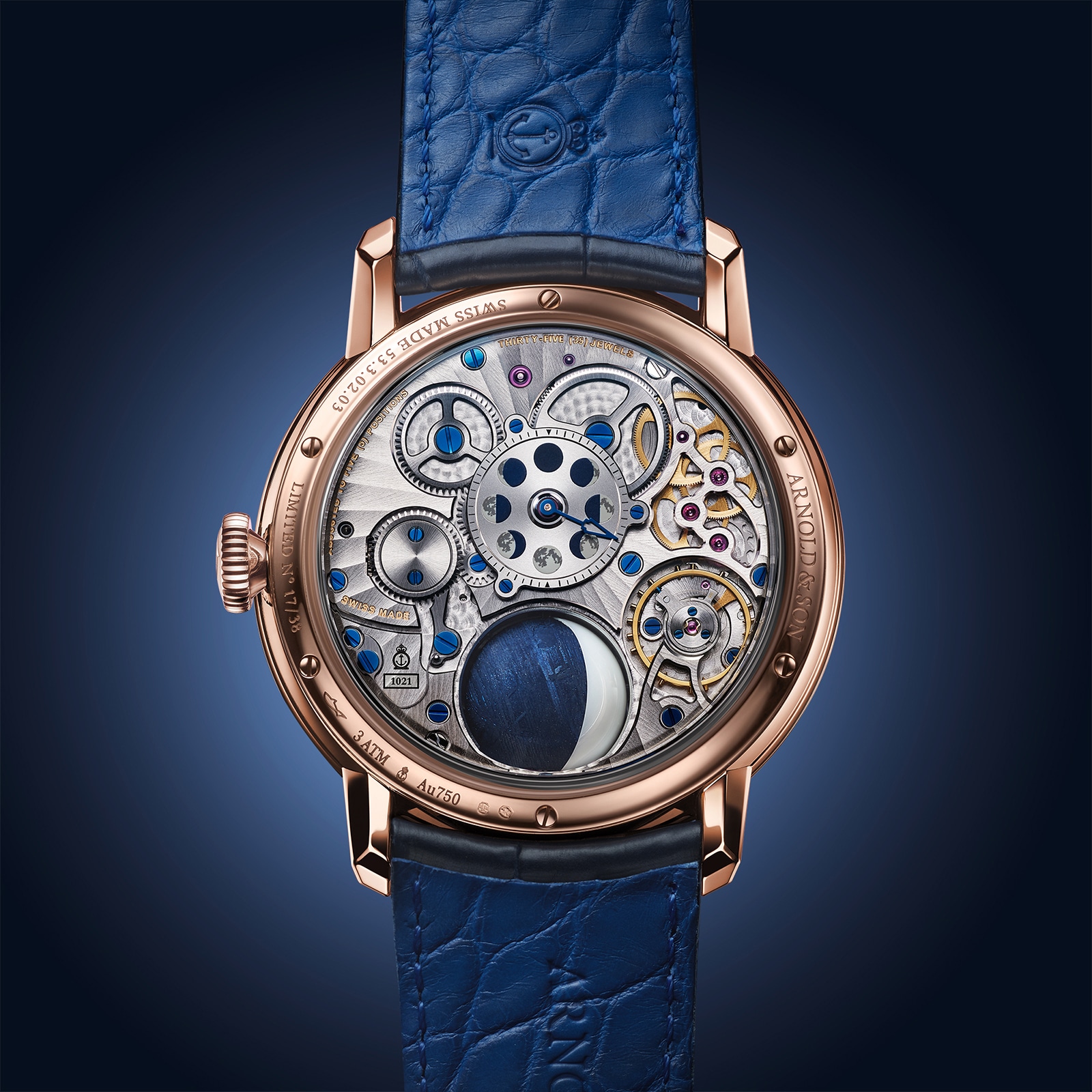 Arnold And Son Luna Magna Red Gold Meteorite 44mm Limited Edition Mens Watch Blue