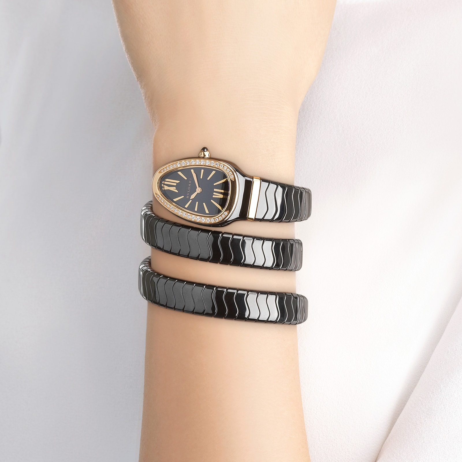 Bvlgari Black Ceramic and 18k Rose Gold Serpenti Spiga 35mm Black Dial Ladies Watch