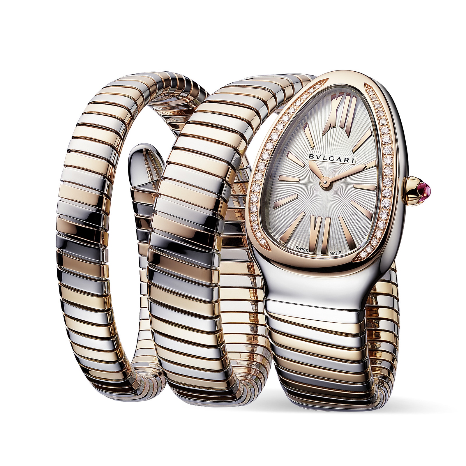 Bvlgari Stainless Steel and 18k Rose Gold Serpenti Tubogas 35mm Silver Dial Ladies Watch