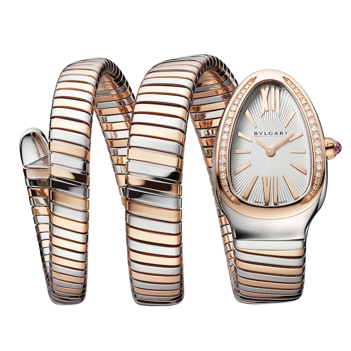 Bvlgari Stainless Steel and 18k Rose Gold Serpenti Tubogas 35mm Silver Dial Ladies Watch