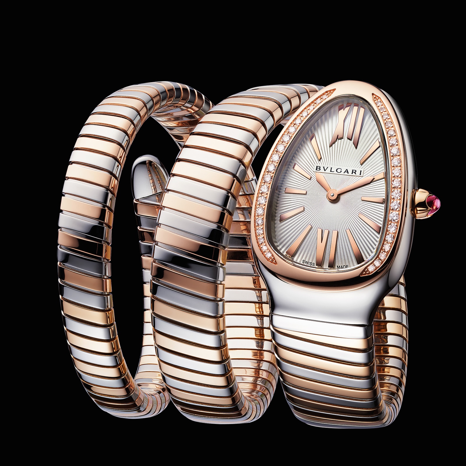 Bvlgari Stainless Steel and 18k Rose Gold Serpenti Tubogas 35mm Silver Dial Ladies Watch