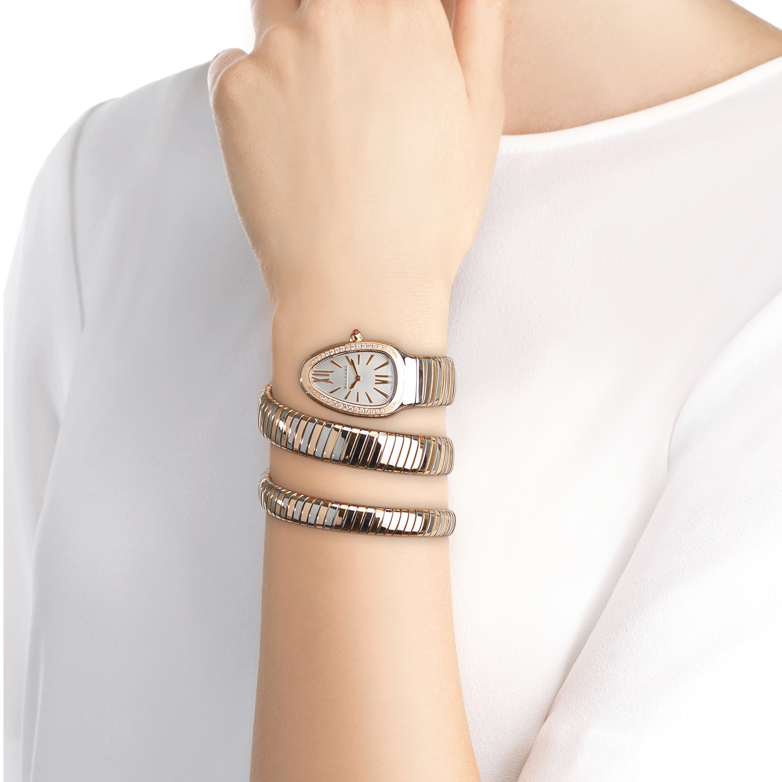 Bvlgari Stainless Steel and 18k Rose Gold Serpenti Tubogas 35mm Silver Dial Ladies Watch
