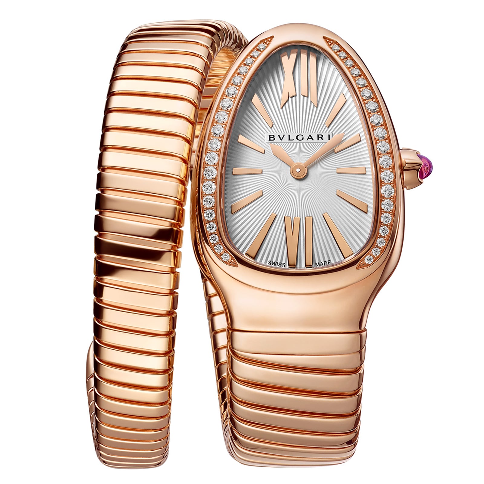 Bvlgari 18k Rose Gold Serpenti Tubogas 35mm White Dial Diamond Ladies Watch