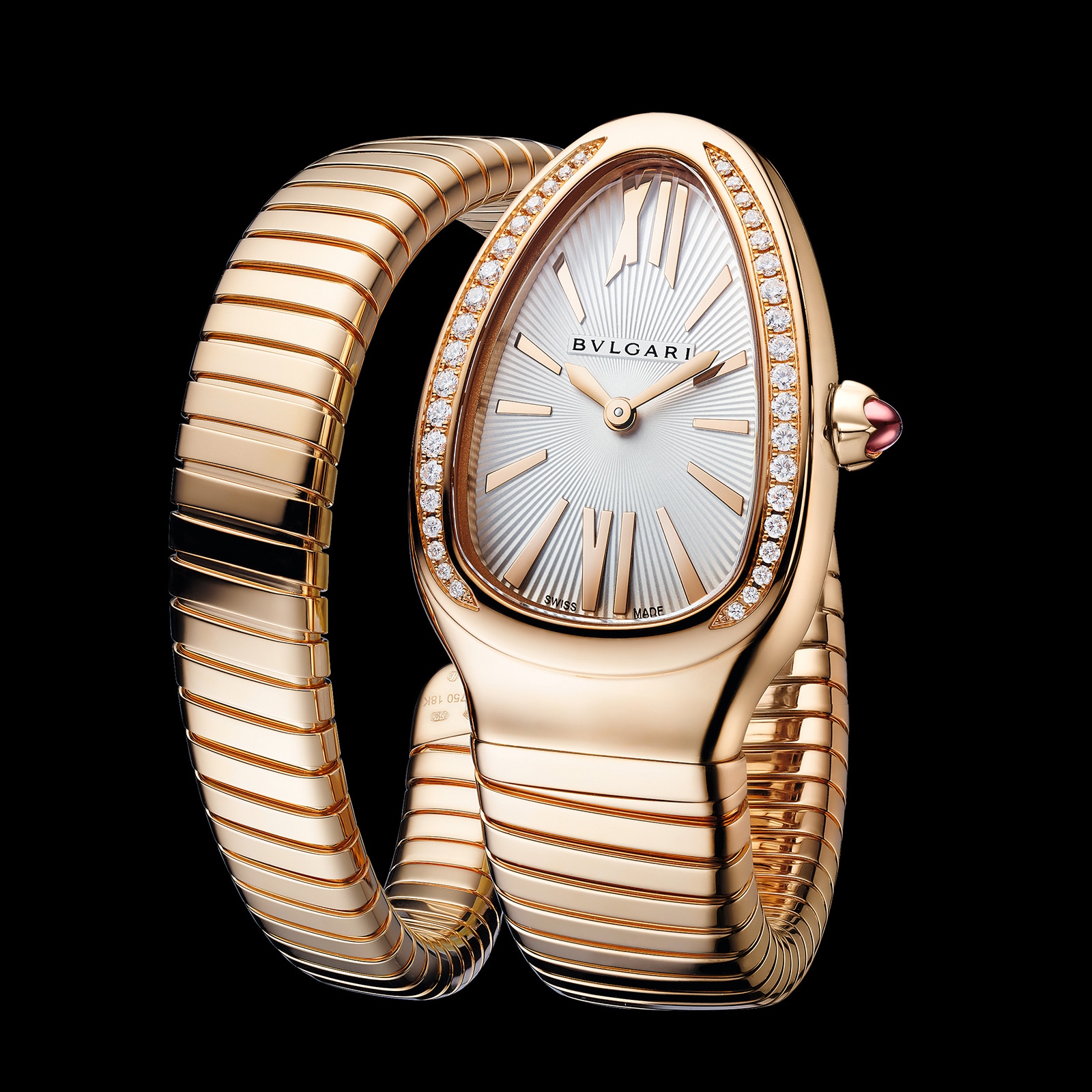 Bvlgari 18k Rose Gold Serpenti Tubogas 35mm White Dial Diamond Ladies Watch