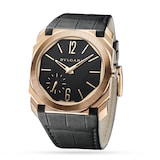 Bvlgari 18k Rose Gold Octo Finissimo 40mm Black Dial Automatic Aligator Leather Strap Mens Watch