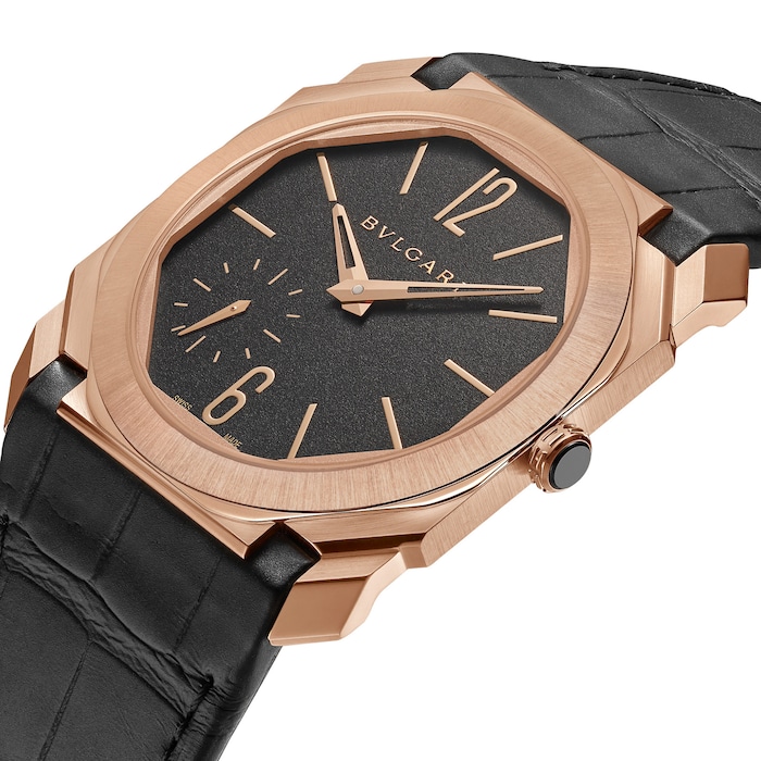 Bvlgari 18k Rose Gold Octo Finissimo 40mm Black Dial Automatic Aligator Leather Strap Mens Watch