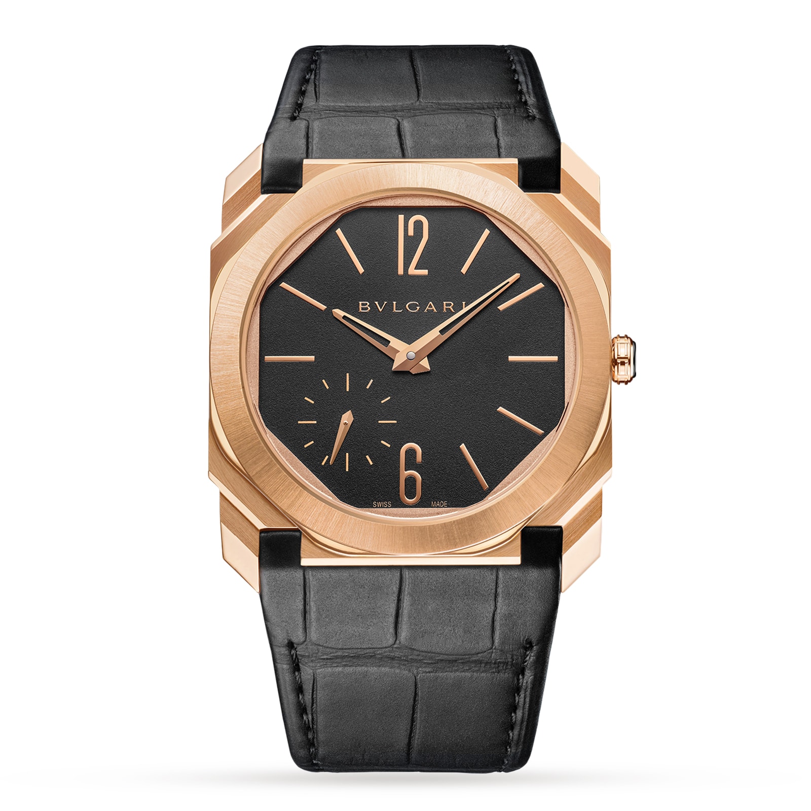 Bvlgari 18k Rose Gold Octo Finissimo 40mm Black Dial Automatic Aligator Leather Strap Mens Watch