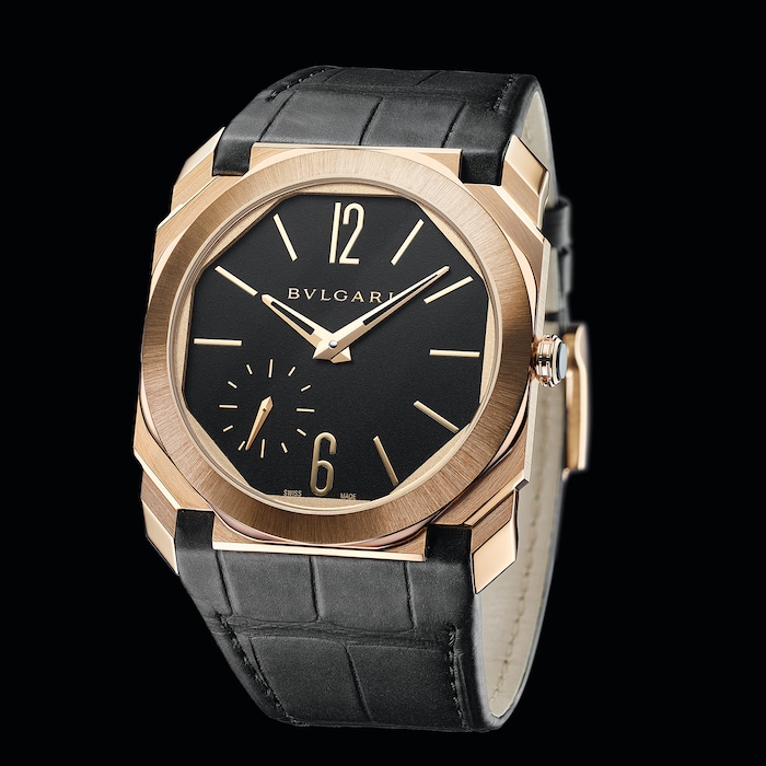 Bvlgari 18k Rose Gold Octo Finissimo 40mm Black Dial Automatic Aligator Leather Strap Mens Watch