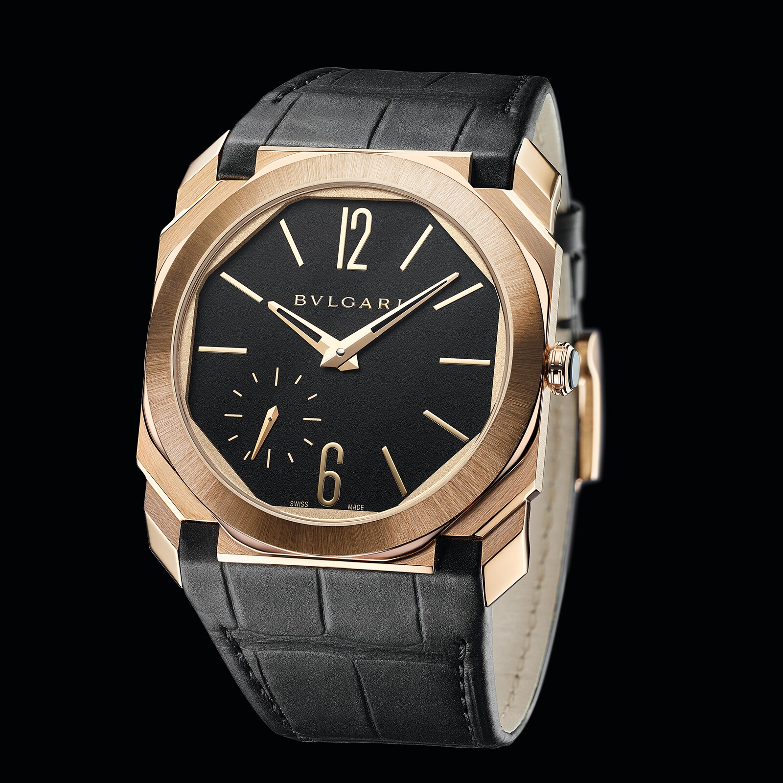 Bvlgari 18k Rose Gold Octo Finissimo 40mm Black Dial Automatic Aligator Leather Strap Mens Watch