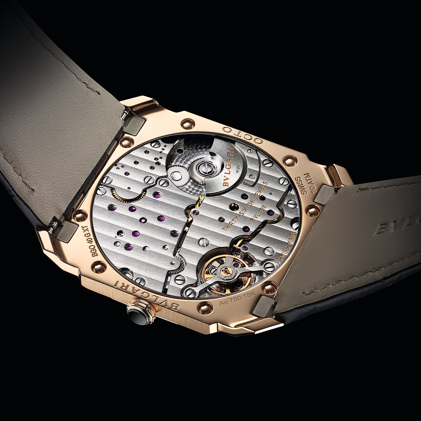 Bvlgari 18k Rose Gold Octo Finissimo 40mm Black Dial Automatic Aligator Leather Strap Mens Watch