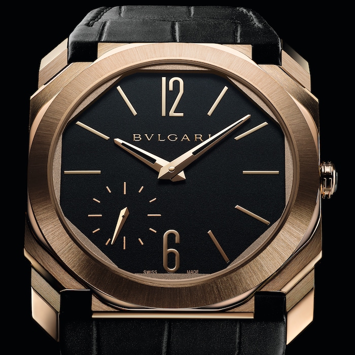 Bvlgari 18k Rose Gold Octo Finissimo 40mm Black Dial Automatic Aligator Leather Strap Mens Watch