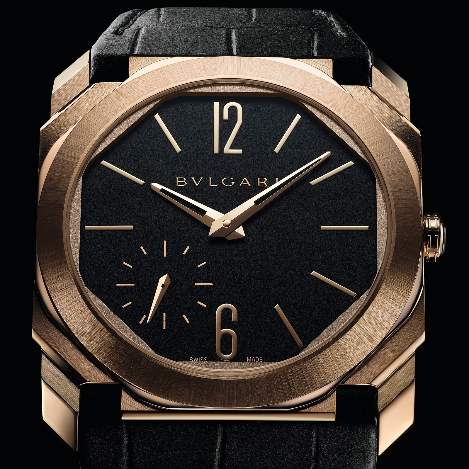 Bvlgari 18k Rose Gold Octo Finissimo 40mm Black Dial Automatic Aligator Leather Strap Mens Watch