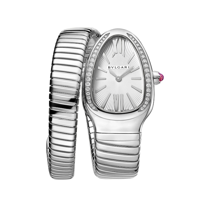 Bvlgari Stainless Steel Serpenti Tubogas 35mm Grey Dial Diamond Ladies Watch