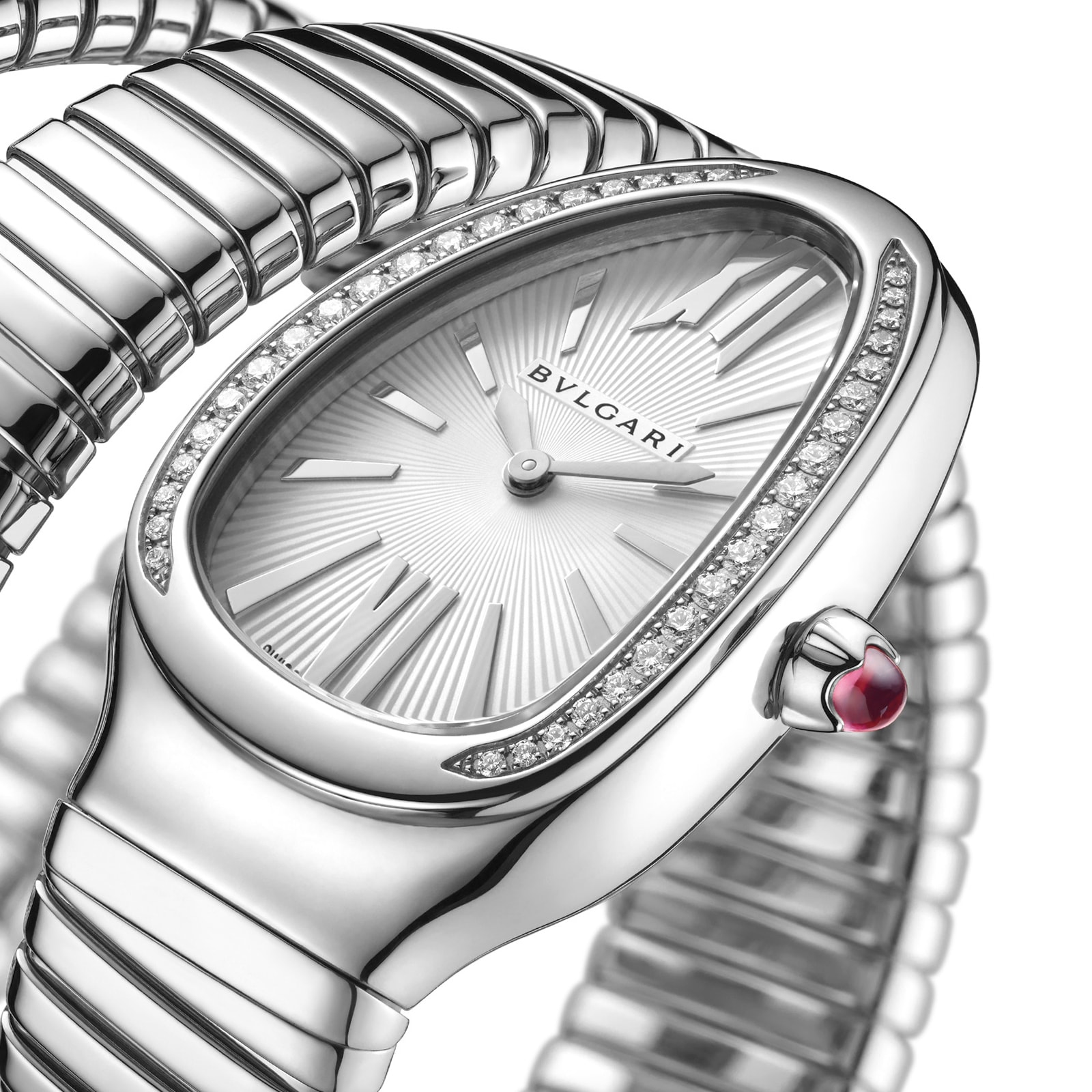 Bvlgari Stainless Steel Serpenti Tubogas 35mm White Dial Diamond Ladies Watch
