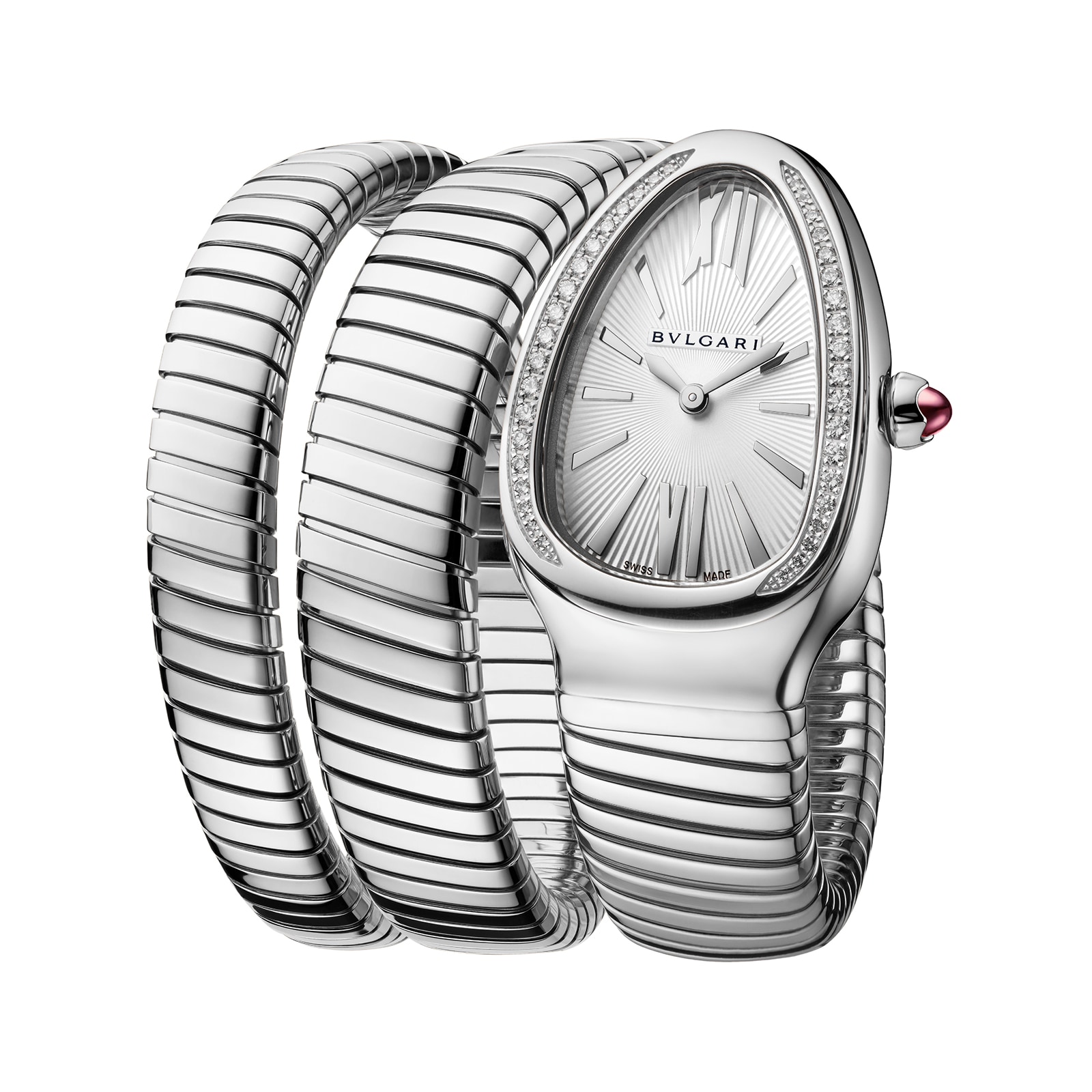 Bvlgari Stainless Steel Serpenti Tubogas 35mm White Dial Diamond Ladies Watch