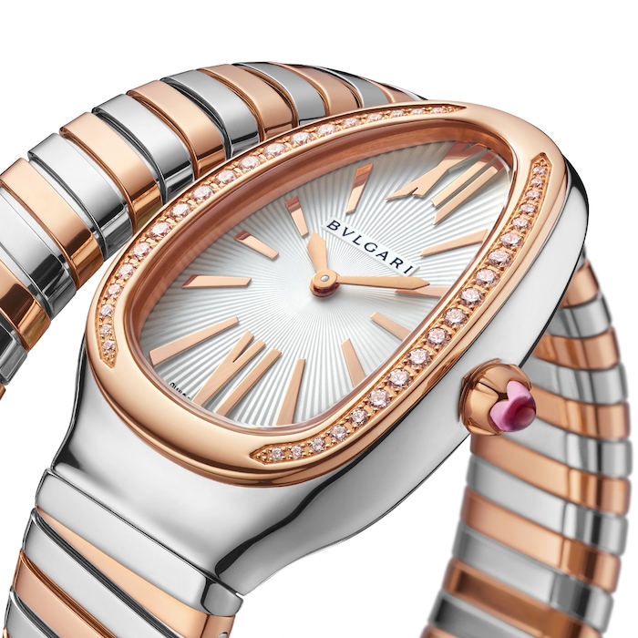Bvlgari 18k Rose Gold and Steel Serpenti Tubogas 35mm Silver Dial Ladies Watch