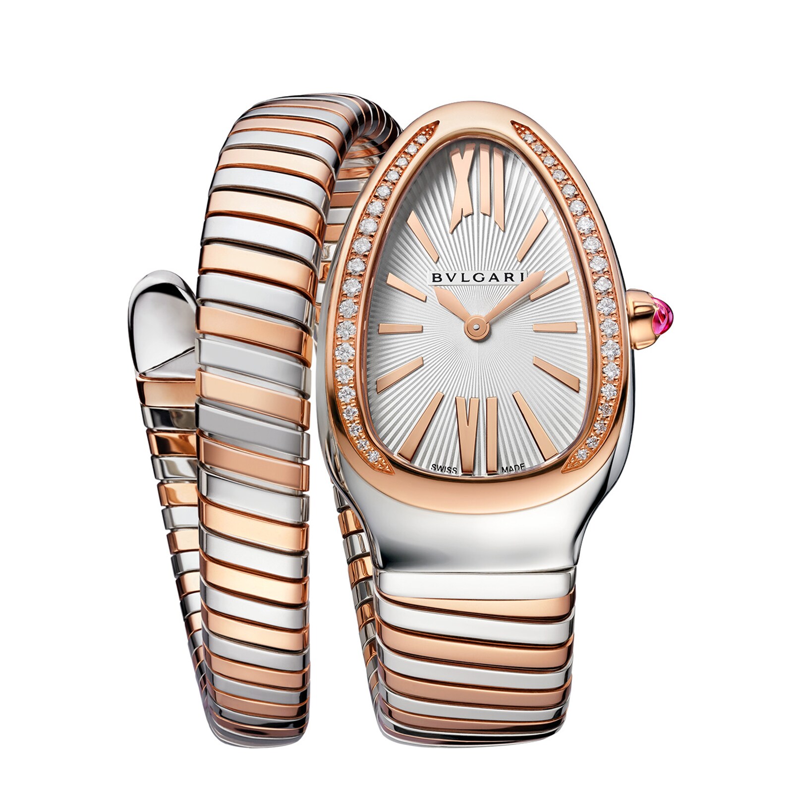 Bvlgari 18k Rose Gold and Steel Serpenti Tubogas 35mm Silver Dial Ladies Watch