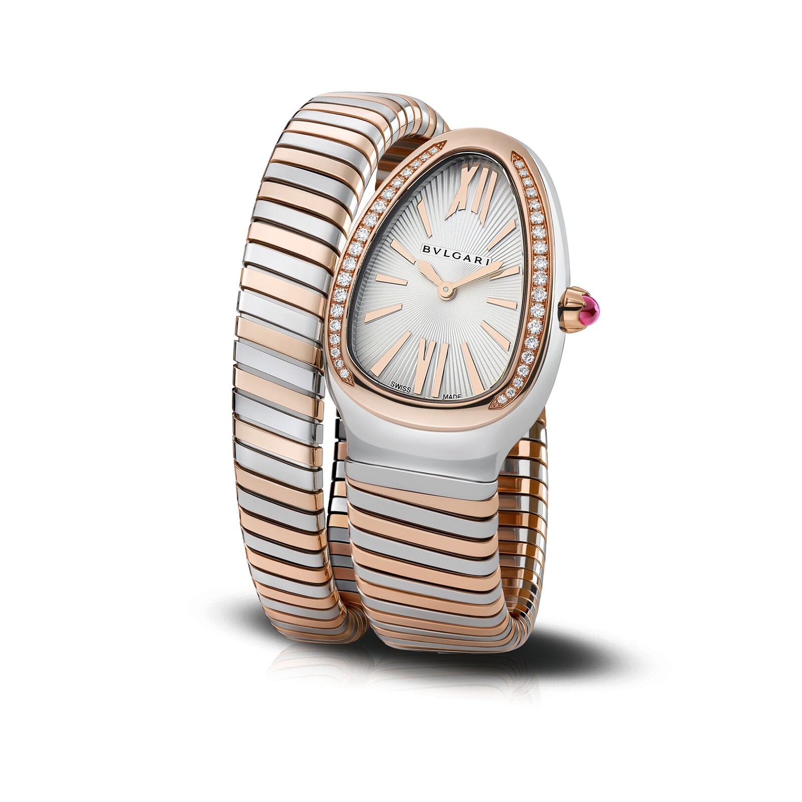 Bvlgari 18k Rose Gold and Steel Serpenti Tubogas 35mm Silver Dial Ladies Watch