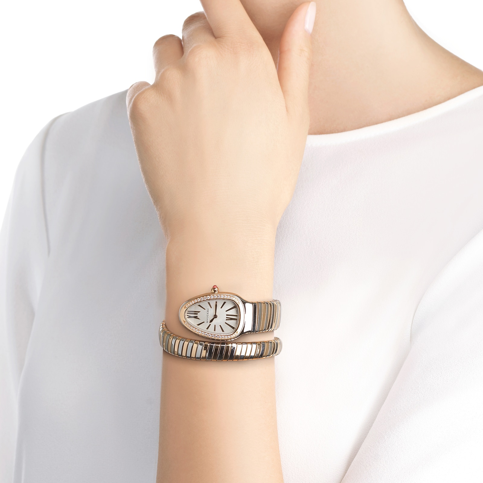 Bvlgari 18k Rose Gold and Steel Serpenti Tubogas 35mm Silver Dial Ladies Watch
