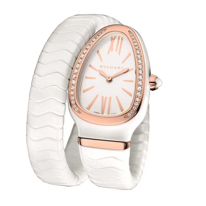 Bvlgari Ceramic and 18k Rose Gold Serpenti Spiga 35mm White Dial Ladies Watch