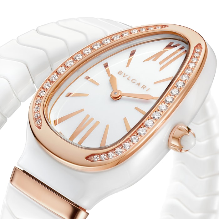 Bvlgari Ceramic and 18k Rose Gold Serpenti Spiga 35mm White Dial Ladies Watch