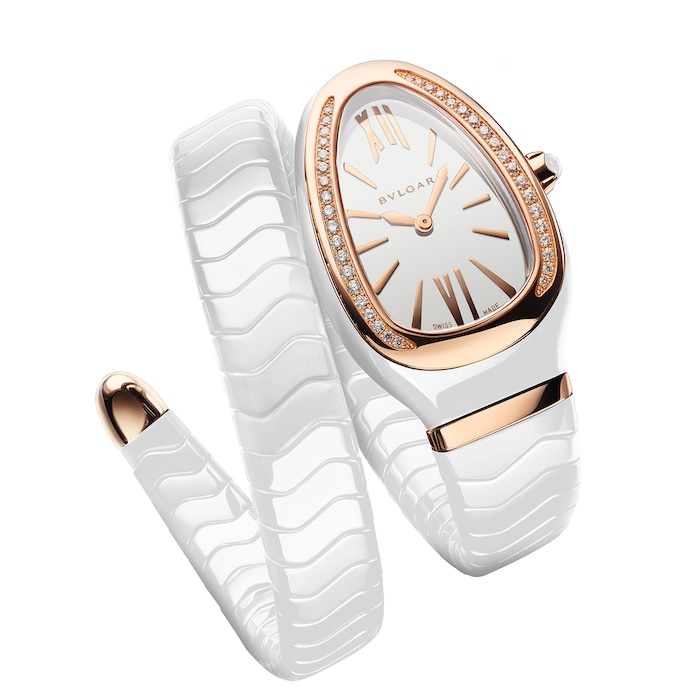 Bvlgari Ceramic and 18k Rose Gold Serpenti Spiga 35mm White Dial Ladies Watch