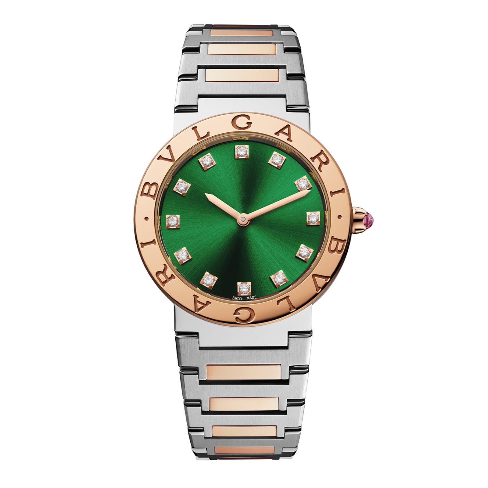 Bvlgari 18k Rose Gold and Steel 33mm BB Green Diamond Dot Dial Ladies Watch Bvlgari 18k Rose Gold and Steel 33mm BB Green Diamond Dot Dial Ladies Watch