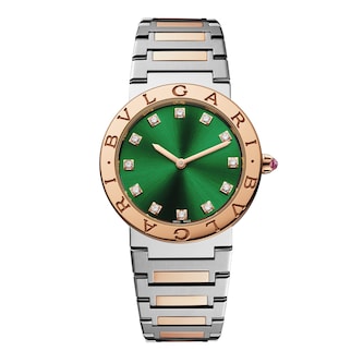 Bvlgari 18k Rose Gold and Steel 33mm BB Green Diamond Dot Dial Ladies Watch