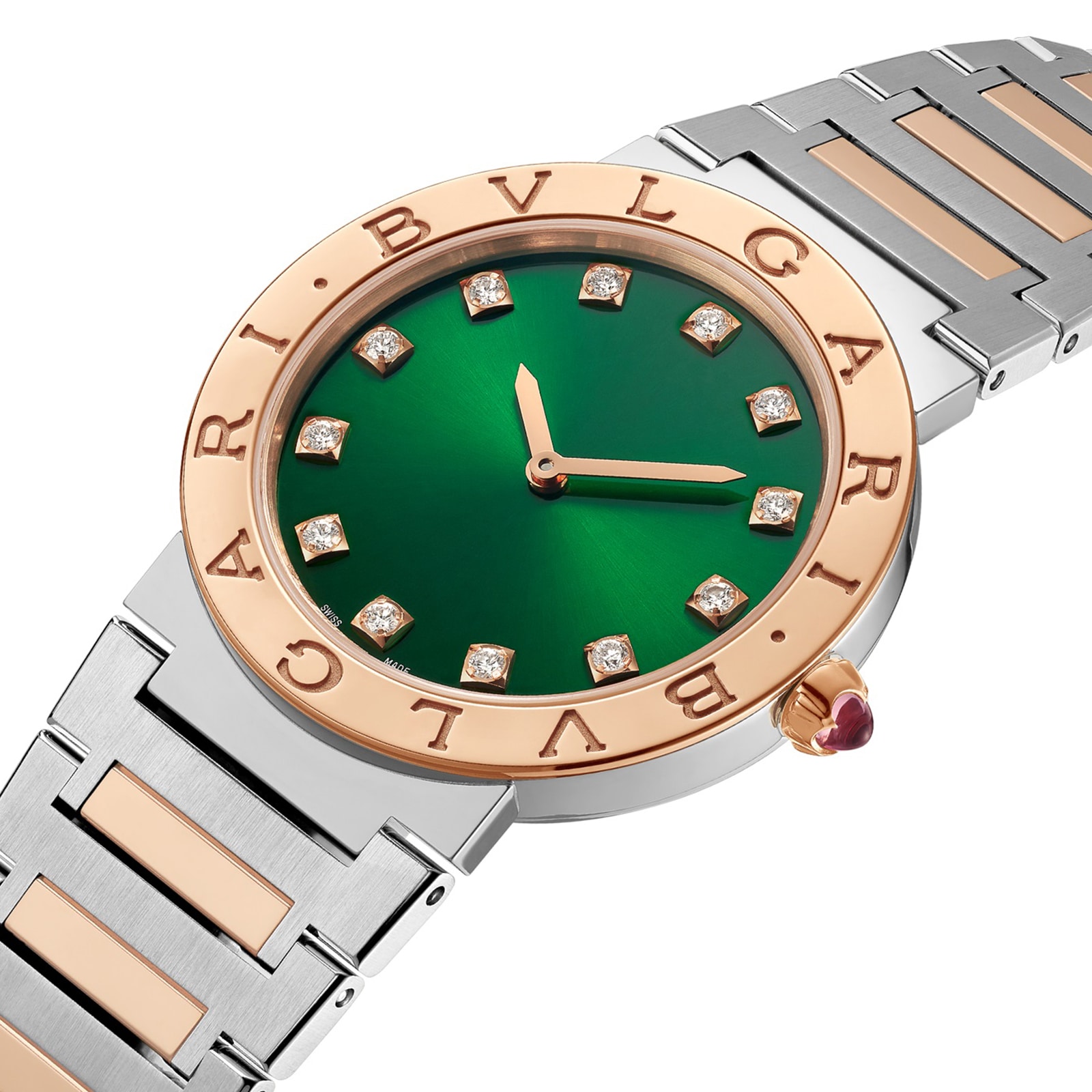 Bvlgari 18k Rose Gold and Steel 33mm BB Green Diamond Dot Dial Ladies Watch Bvlgari 18k Rose Gold and Steel 33mm BB Green Diamond Dot Dial Ladies Watch