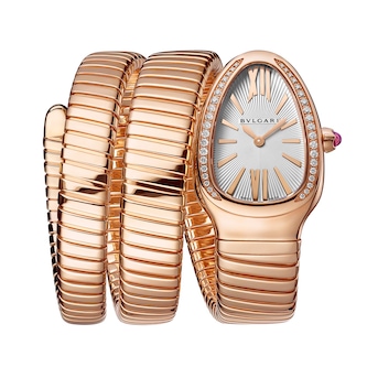 Bvlgari 18k Rose Gold Serpenti 2 Row 35mm White Dial Diamond Ladies Watch