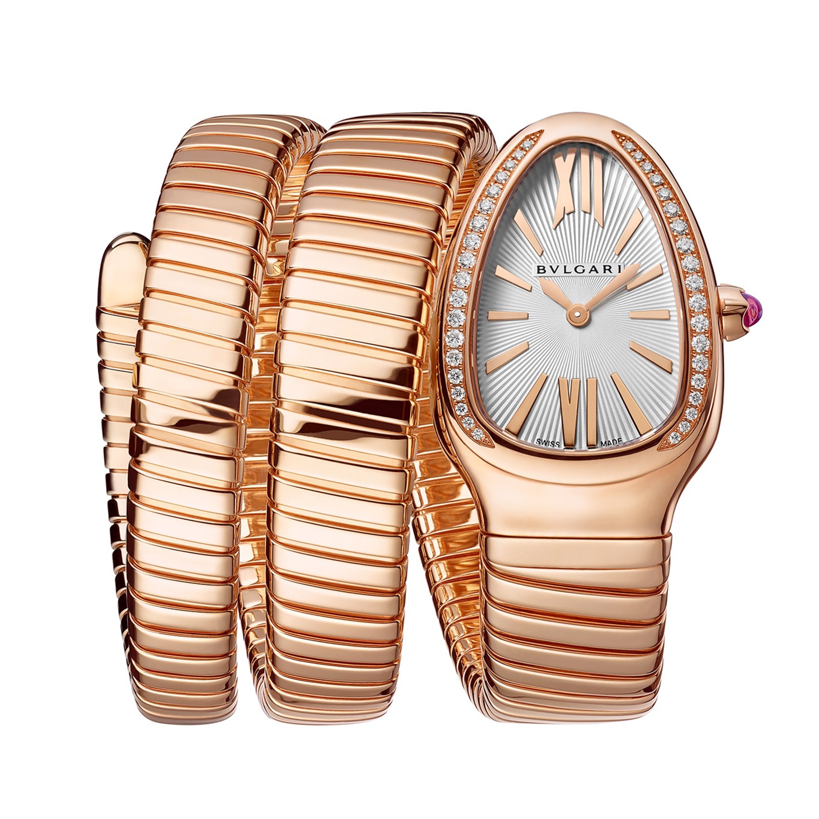 Bvlgari 18k Rose Gold Serpenti 2 Row 35mm White Dial Diamond Ladies Watch