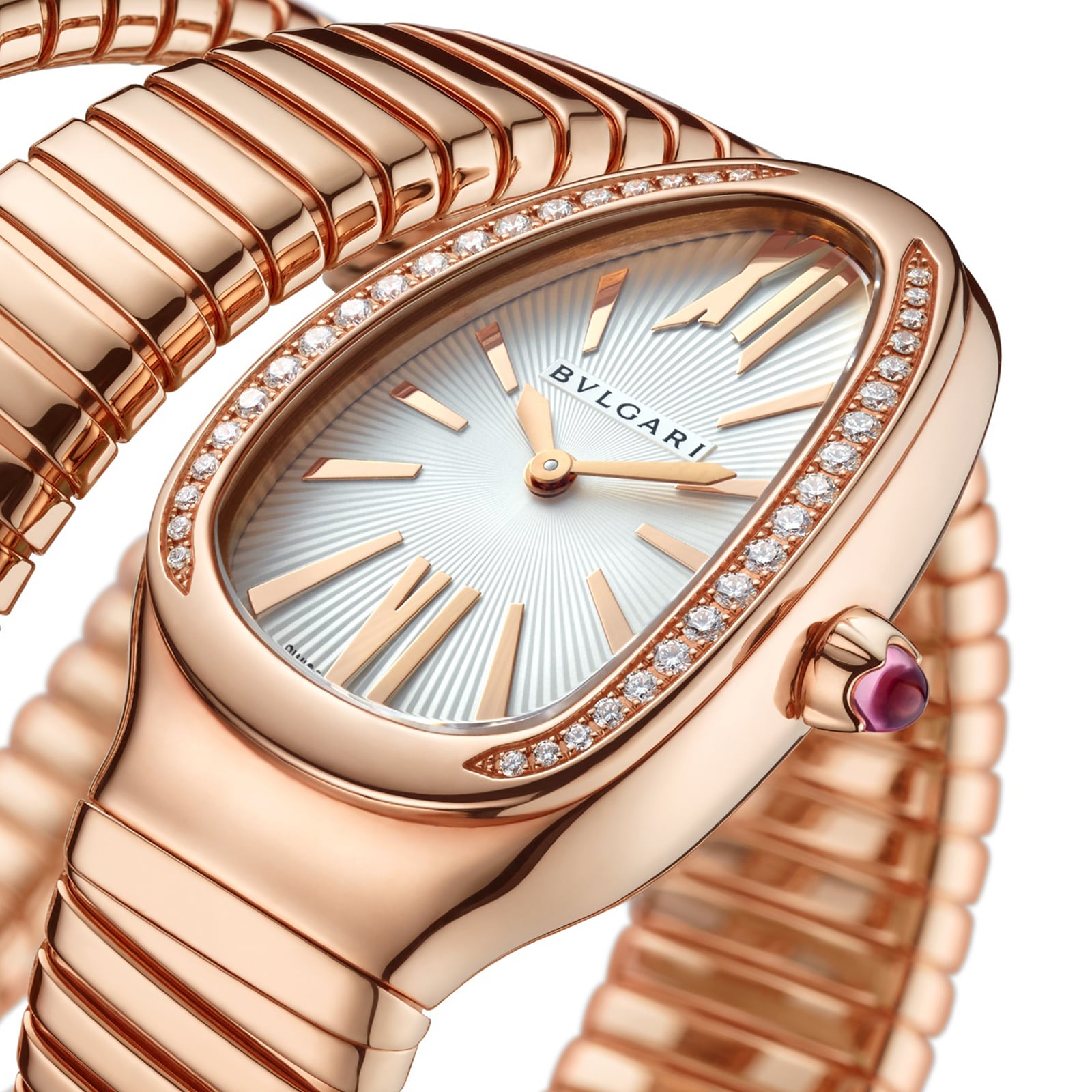 Bvlgari 18k Rose Gold Serpenti 2 Row 35mm White Dial Diamond Ladies Watch