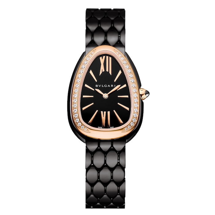 Bvlgari Stainless Steel and 18k Rose Gold Serpenti Sedutori 33mm Black Dial Diamond Ladies Watch