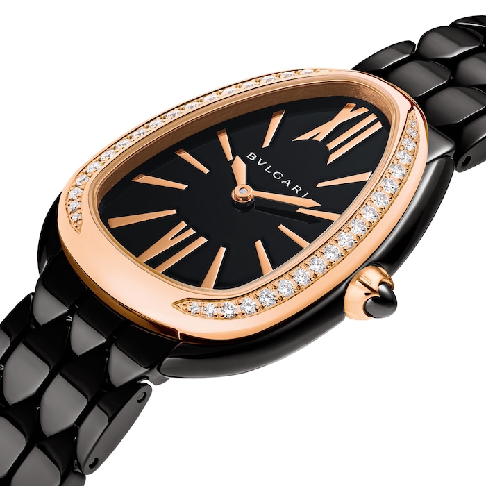 Bvlgari Stainless Steel and 18k Rose Gold Serpenti Sedutori 33mm Black Dial Diamond Ladies Watch