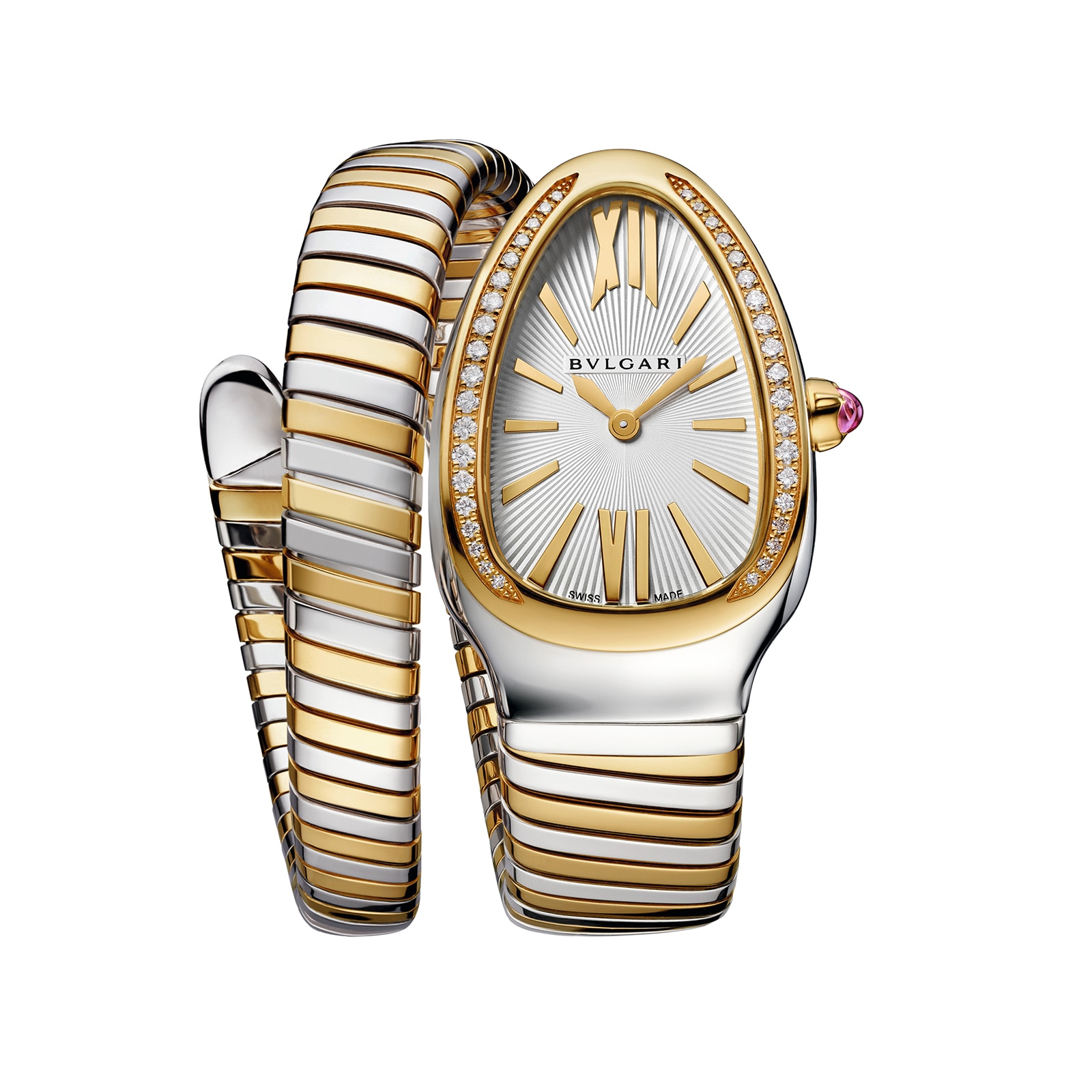 18k Yellow Gold and Steel Serpenti Tubogas 35mm Silver Dial Diamond Ladies Watch