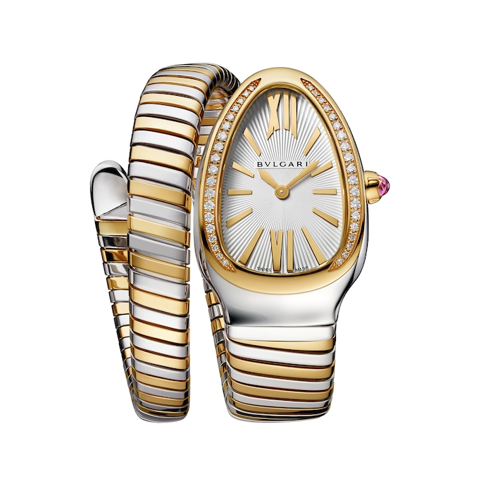 Bvlgari 18k Yellow Gold and Steel Serpenti Tubogas 35mm Silver Dial Diamond Ladies Watch