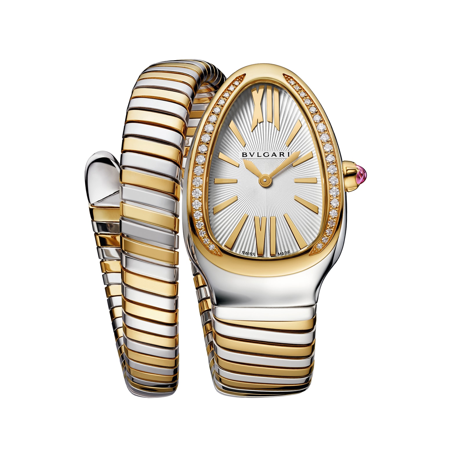 Bvlgari 18k Yellow Gold and Steel Serpenti Tubogas 35mm Silver Dial Diamond Ladies Watch