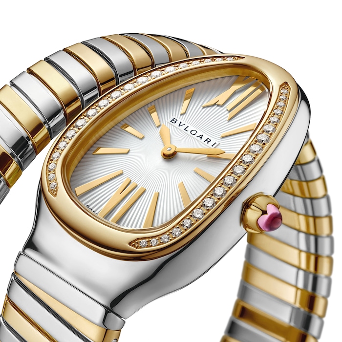 Bvlgari 18k Yellow Gold and Steel Serpenti Tubogas 35mm Silver Dial Diamond Ladies Watch