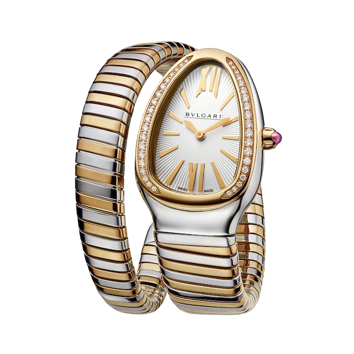 Bvlgari 18k Yellow Gold and Steel Serpenti Tubogas 35mm Silver Dial Diamond Ladies Watch