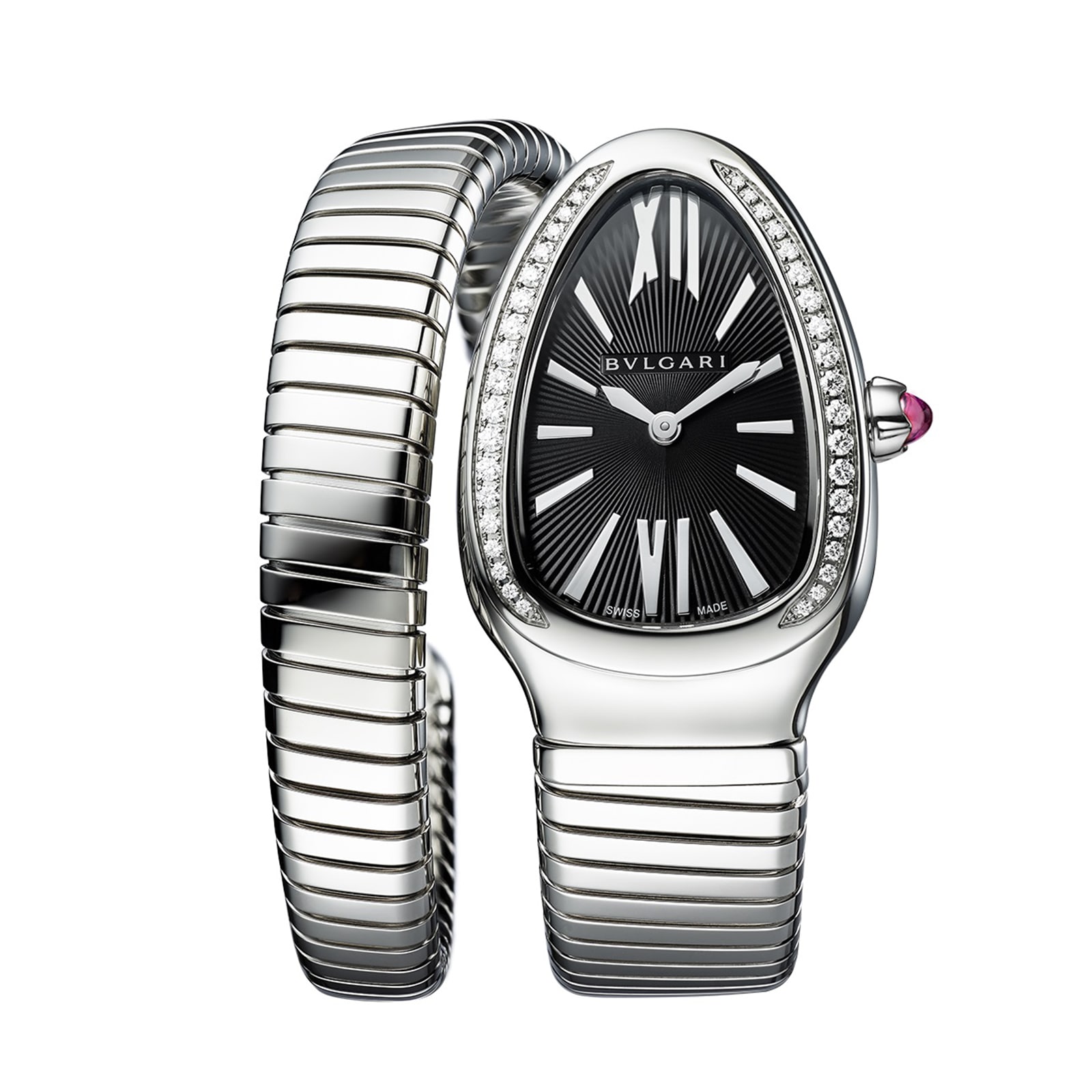 Bvlgari Serpenti Tubogas 35mm Black Dial Diamond Ladies Watch - Stainless Steel Small Bracelet