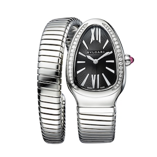 Bvlgari Serpenti Tubogas 35mm Black Dial Diamond Ladies Watch - Stainless Steel Small Bracelet