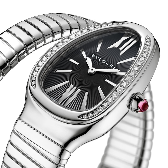 Bvlgari Serpenti Tubogas 35mm Black Dial Diamond Ladies Watch - Stainless Steel