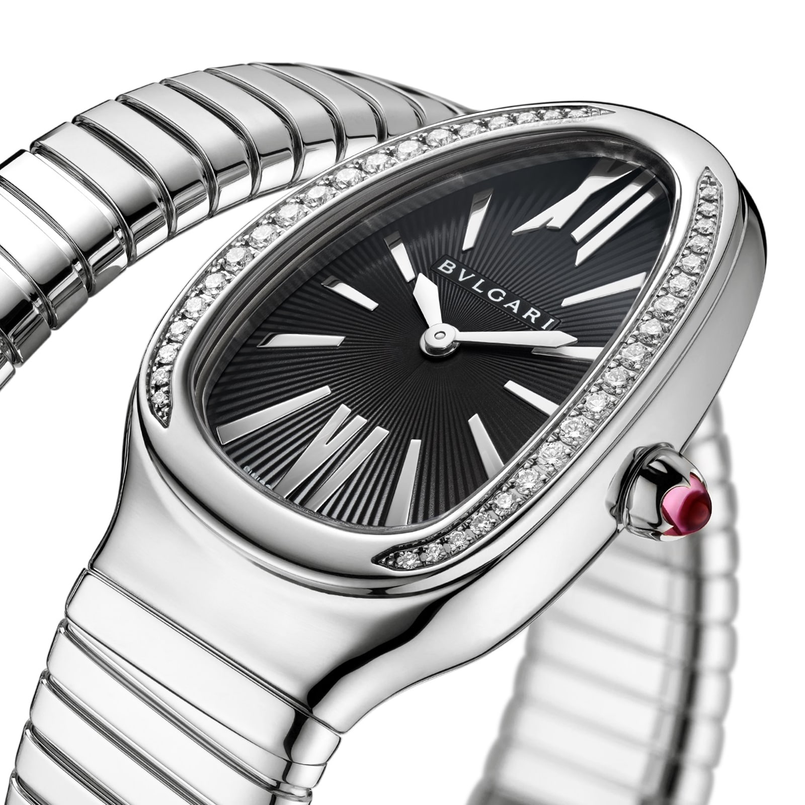 Bvlgari Serpenti Tubogas 35mm Black Dial Diamond Ladies Watch - Stainless Steel Small Bracelet