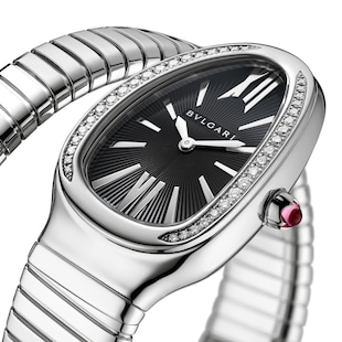 Bvlgari Serpenti Tubogas 35mm Black Dial Diamond Ladies Watch - Stainless Steel Small Bracelet