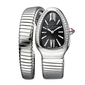 Bvlgari Serpenti Tubogas 35mm Black Dial Diamond Ladies Watch - Stainless Steel Small Bracelet